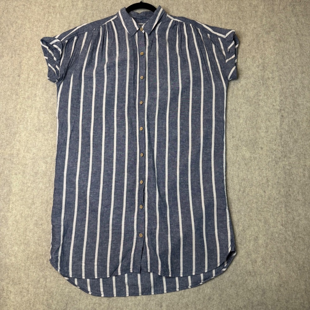 Faherty Linen Blend Shirt Dress Womens M Blue White Striped Mini Cap Sleeve